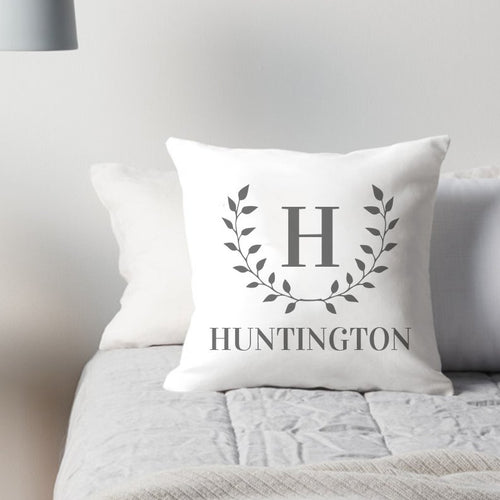 Personalized Family Initial and Name Laurel Wreath Throw Pillow